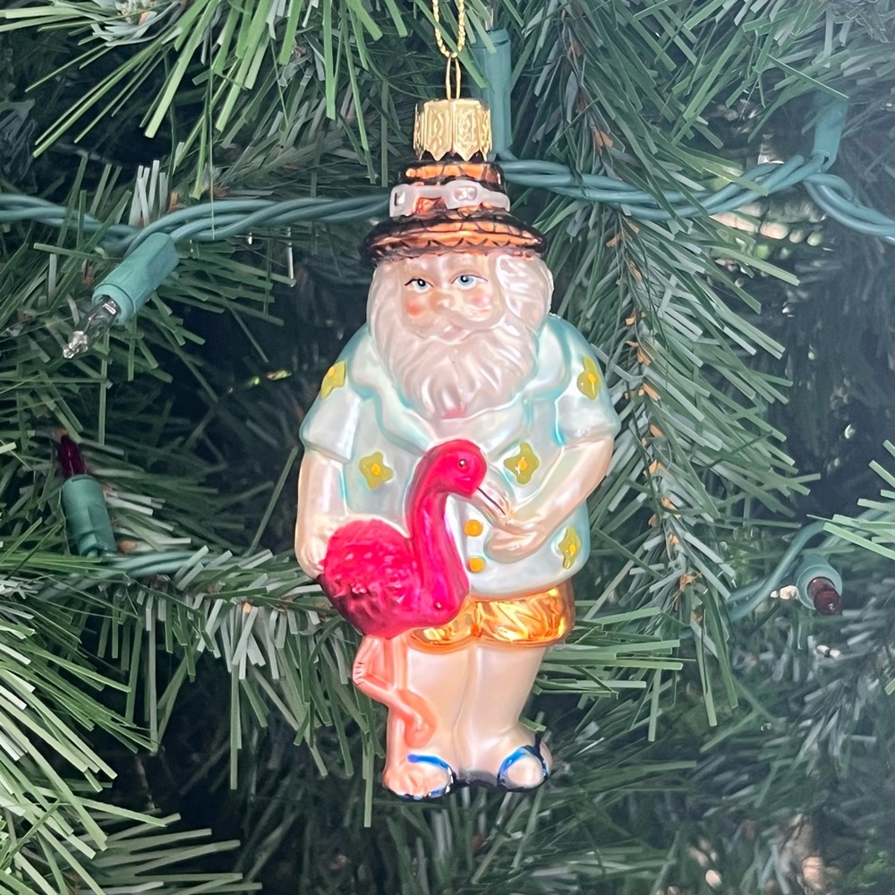 Vintage Tropical Santa Holding A Flamigo Christmas Glass Ornament ~ 5”